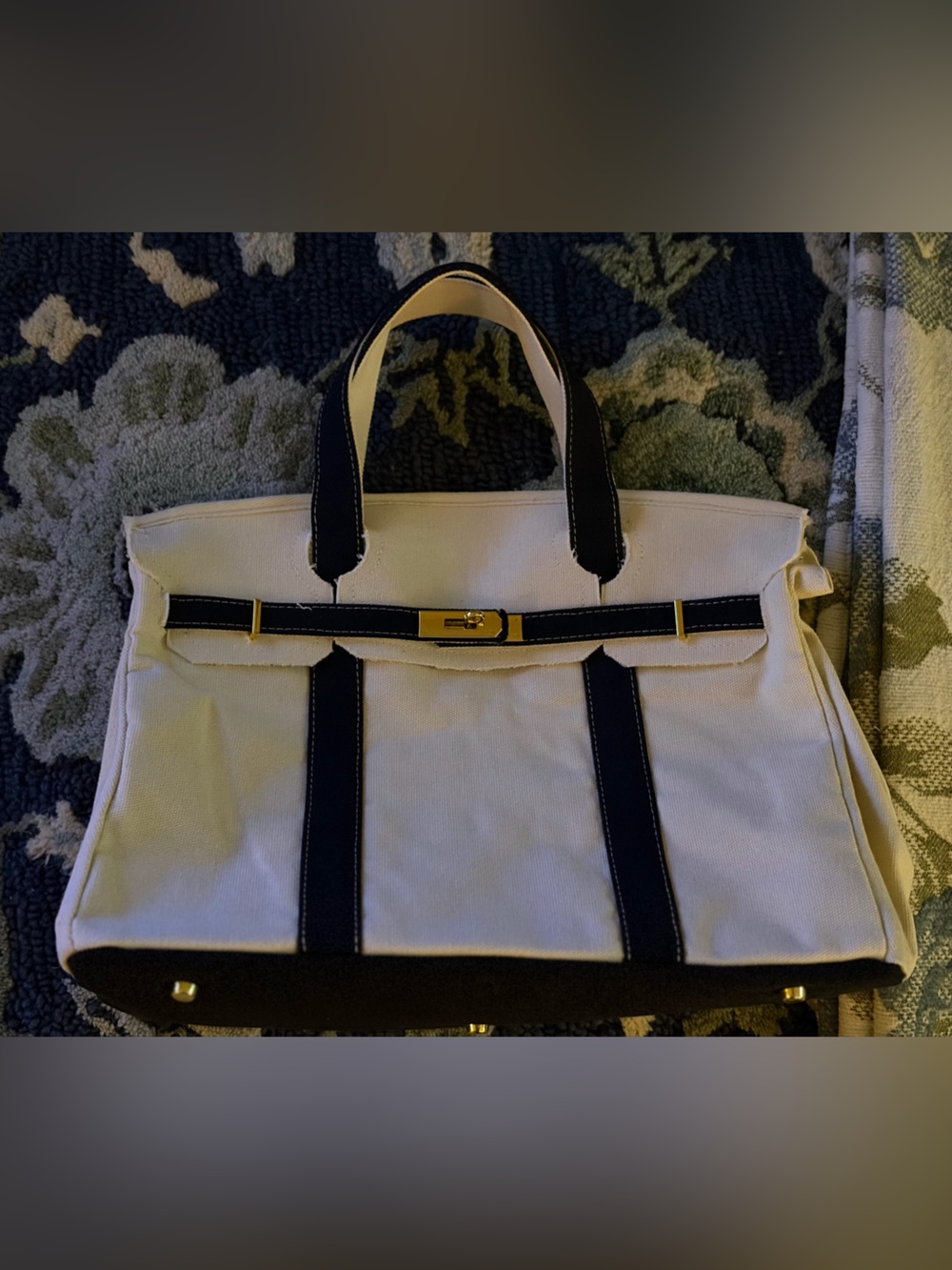 Canvas Tote Bag with Black Trim and Gold Accent